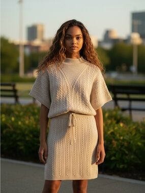 Cream Cable-Knit Short-Sleeve Sweater shirt and skirt